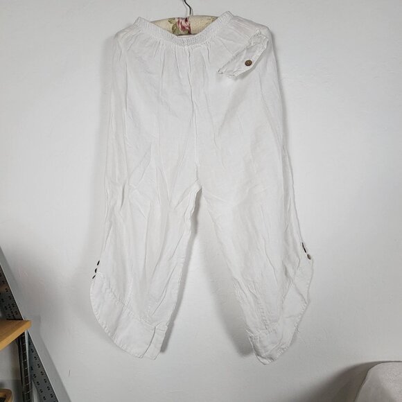 Vintage Italian White Linen Cargo Cropped Pants Elastic Waist Casual Pull-On - Picture 2 of 9